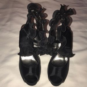 Chiffon Ruffle Peep-toe Sandal w/hidden platform